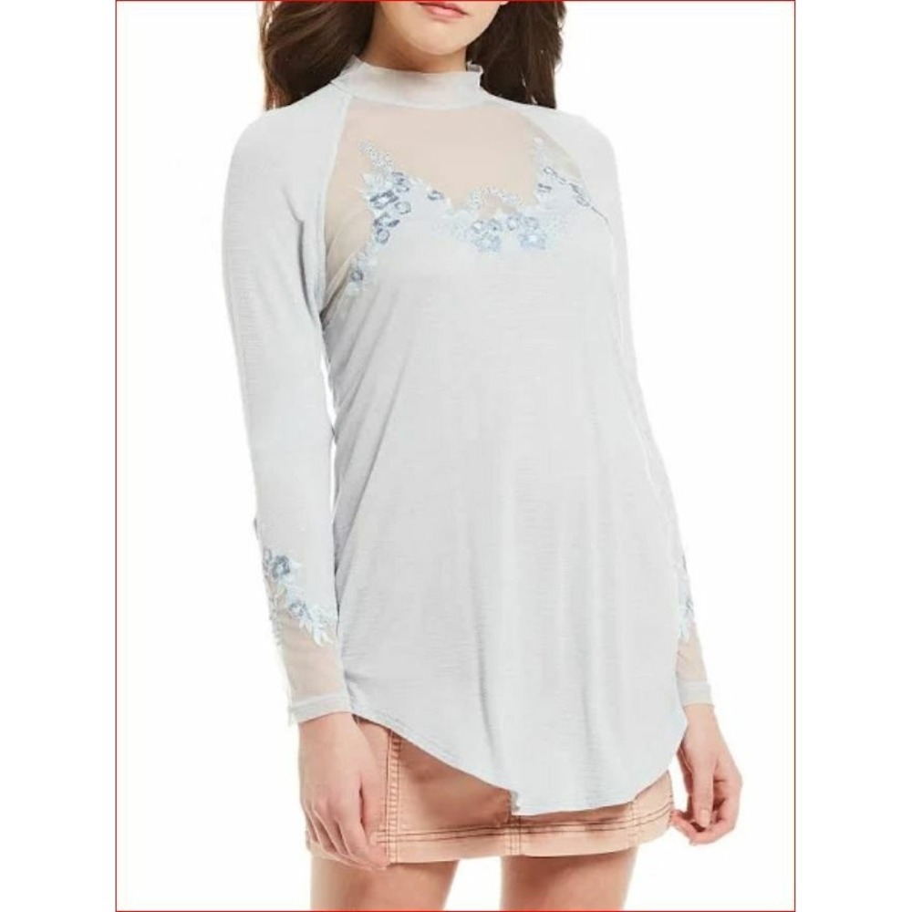 Free People Glacier Ice Blue Embroidered Mesh Blouse OB877344 XS